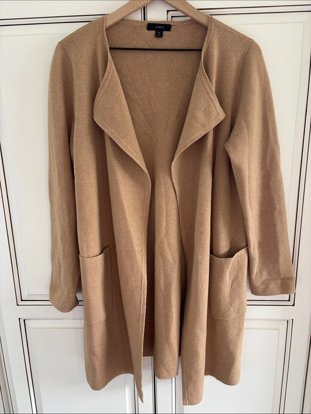 J Crew Merino Wool Cotton Open Front Long Cardigan Sweater Camel Tan Women M